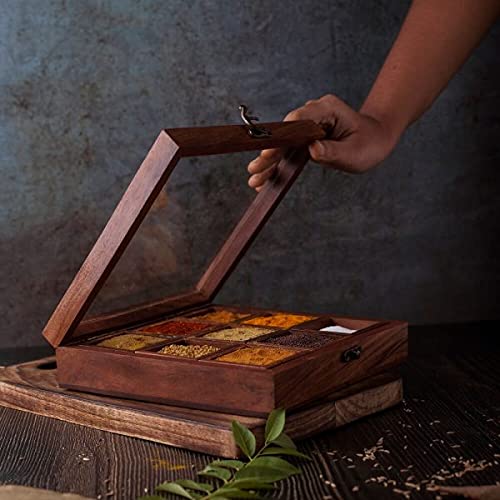 Brown Wooden Masala Box For Storing Spices - 9 Container | Masala Dani - Masala Storage Box - Spices Storage Box | Food Safe, Dishwasher Safe