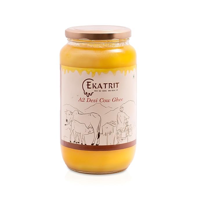 Organic Natural A2 Desi Cow Ghee By Ekatrit | Natural & Healthy Fragrance Belona Cow Ghee Perfect For Use Puja | 2 Litre (1 Litre * 2) 67.6 Ounce | Jar Pack
