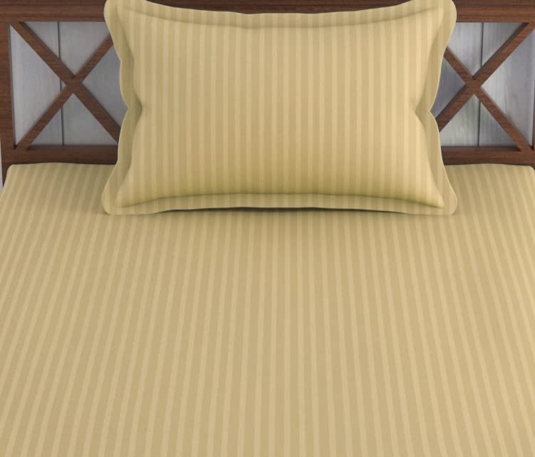 Satin Stripe Single Bedsheet Elastic Fitted With 1 Pillow Cover - 36 X 72 Inches, Beige | Perfect For Use In A Home, Hotel Or Ideal For Bedroom Style