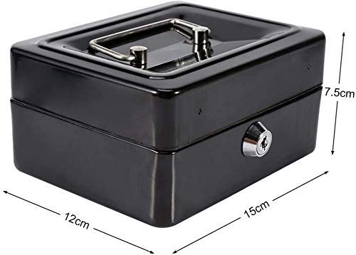 Small Cash 6’’ Inch Box With Key Lock, Portable Steel Cash Safe Box Petty Cash Tinlockable Cash Money Coin Safe Security Box, Colour - Black