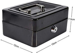 Small Cash 6’’ Inch Box With Key Lock, Portable Steel Cash Safe Box Petty Cash Tinlockable Cash Money Coin Safe Security Box, Colour - Black