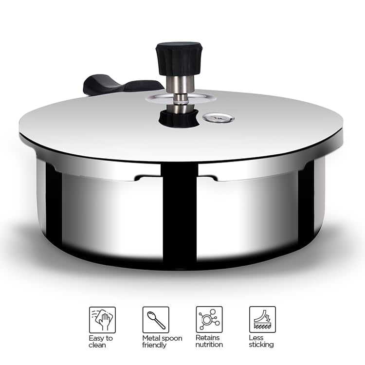 Stellar Stainless Steel Mirror Finish Pressure Cooker Lid With Gasket - 2 Liters | Rivet Less Handle - Induction & Gas Base