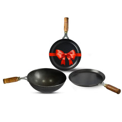 Pre-Seasoned Iron Cookware Set + Free Fry Pan | Fry Pan 24.5 Cm, 1.5 Liters + Wok 25.4 Cm, 2.2 Liters + Tawa 26 Cm - Kitchen Cooking Combo Pots & Pans Set Of 3 Pcs | Naturally Nonstick