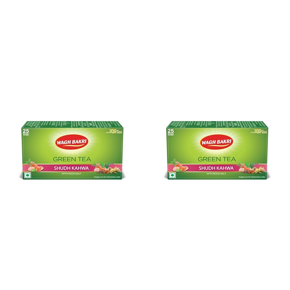 Wagh Bakri Shudh Kahwa Green Tea With Rock Salt - Pack Of 2 X 25 Enveloped Tea Bags | Naturally Rich In Antioxidants - Caffeine Free