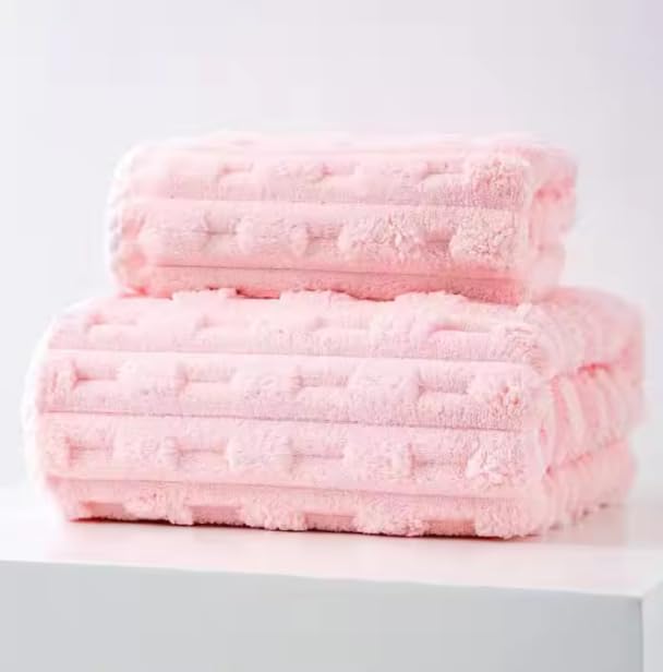 HomeCloud Korean Bath & Face Towel 400 Gsm | Plush Soft & Luxury Towel Set With Hanging Loop | 3x Softer Than Cotton Towels | Set Of 2 (Pink)
