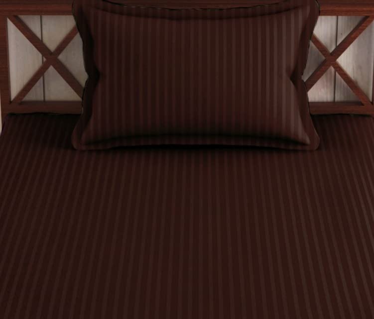 1 Bedsheet Single Satin Stripe Elastic Fitted With 1 Pillow Cover (36 X 78 Inches) Chocolate Brown | Lightweight, Soft & Breathable - Perfect For Gifting On Weddings Bedsheet