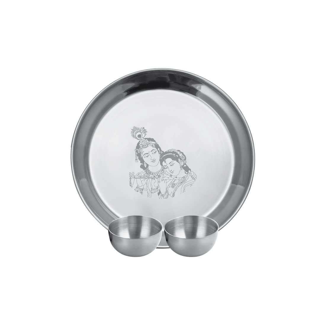 Stainless Steel Radha Krishna Pooja Thali Set Of 3, Silver | 1 Pooja Thali+ 2 Katoris - Easy To Clean & Dishwasher Safe