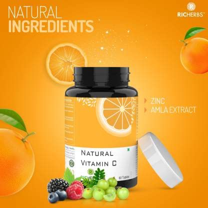 Richerbs Natural Vitamin C Double Strength Formula | Natural Sourced Vitamin C With Zinc | Immunity, Antioxidant & Skincare For Men And Women | 60 Tablets , 100gm 0.2lbs