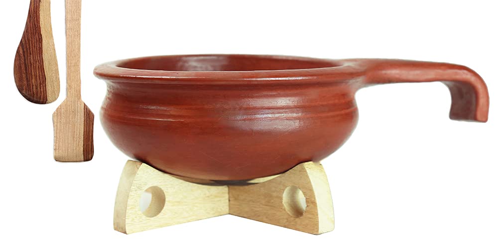 Uncoated Clay Fry Pan For Cooking & Serving With 2 Wooden Spatulas Complimentary - Red, 1 Liter | Pre-Seasoned Mud Vessel - Unglazed, Double Fired, Hand Crafted | Mitti Tadka Pan