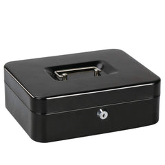 Small 10" Cash Box With Key Lock, Portable Petty Cash Box With Coin Tray, Money Safe Box, Colour - Black, Material - Alloy Steel