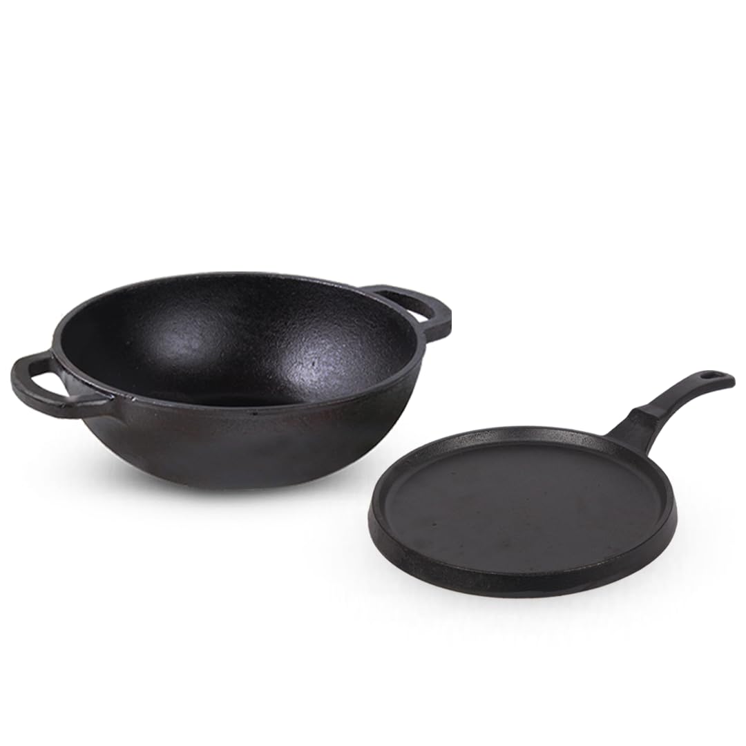 Pre-Seasoned Cast Iron Cookware Set - Kadai 25.4cm, 2.3 Liters + Tawa 25.5cm | Kitchen Cooking Combo Pots & Pans Set Of 2 Pcs - Naturally Nonstick