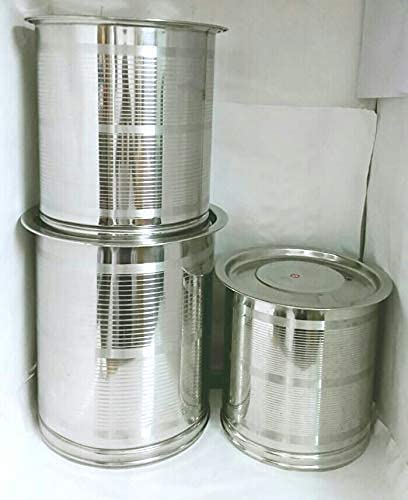 Stainless Steel Atta Tanki Or Container, Box, Drum, Pawali, Tanki With Lid 12 No.+14 No.+16 No. | Silver Stainless Steel Atta Drum - Set Of 3