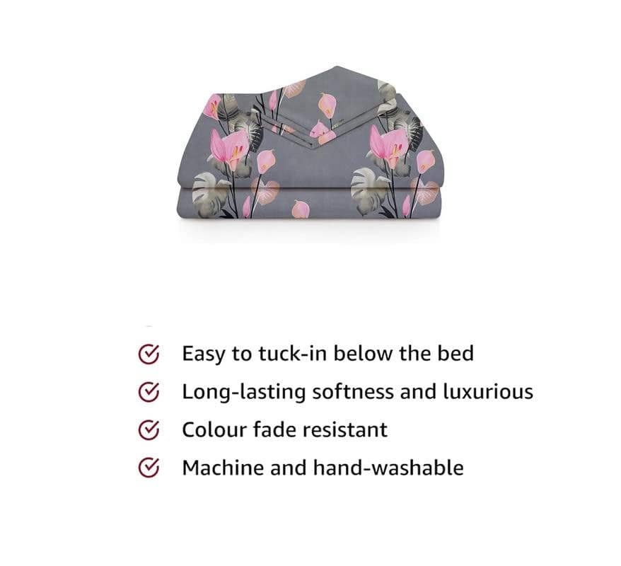Premium Single Bed Sheet With 1 Pillow Covers For Single - 60 X 90 Inches, Grey & Pink | Super Soft Premium Brushed Glace Cotton Bedsheet