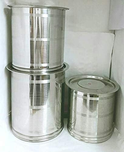 Stainless Steel Atta Tanki Or Container, Box, Drum, Pawali, Tanki With Lid 14 No.+16 No.+18 No. | Silver Stainless Steel Atta Drum - Set Of 3