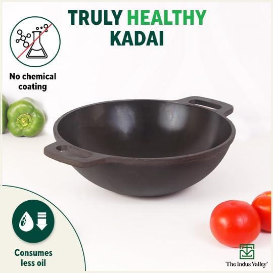 Pre-Seasoned Black Cast Iron Cookware Set + Free Iron Tadka Pan - Tawa 30.5cm + Kadai 25.4cm, 2.3 Liters | Kitchen Cooking Combo Pots & Pans Set Of 3 Pcs - Naturally Nonstick