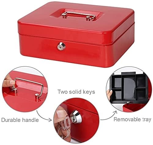 Metal Cash Box With Key, Money Box Organizer, Coin Tray, Portable Cash Drawer, Secure Cash Storage Box, Float Box With Removable Tray, Colour - Red