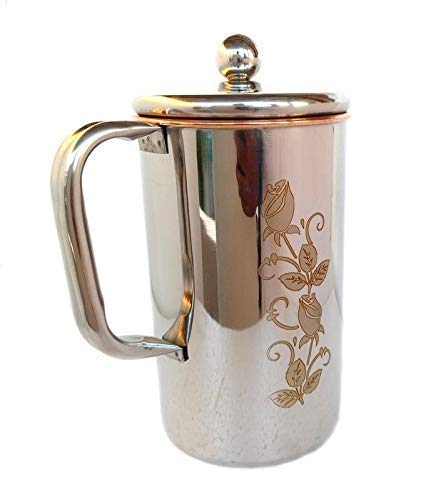 Pure Copper Jug Water Pitcher Flower Print Outside Stainless Steel Utensils - Inside Copper For Ayurveda Healing Capacity 1.5 Liters Approx. (Print May Very)