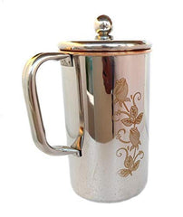 Pure Copper Jug Water Pitcher Flower Print Outside Stainless Steel Utensils - Inside Copper For Ayurveda Healing Capacity 1.5 Liters Approx. (Print May Very)