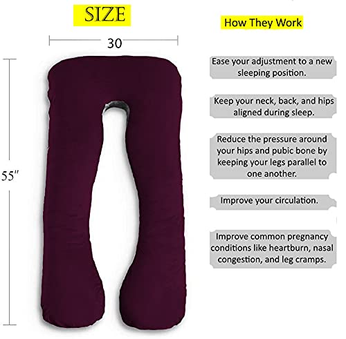 U Shaped Pillow, Pregnancy Pillow For Maternity & Baby Nursing - Wine & Grey | Pregnant Women Stomach, Spine, Neck Support, Velvet Outer Cover With Zip, Full Body Pillow, Adjustable Pillow