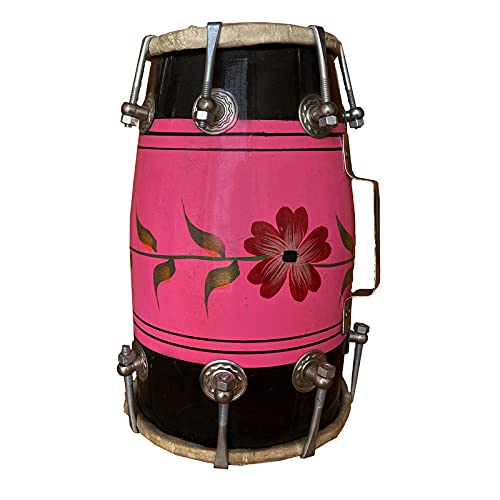 Wood Dholak Indian Folk Musical Instrument Drum Nuts N Bolt With Beautiful Design - Multicolor | Goat Skin On Both Side