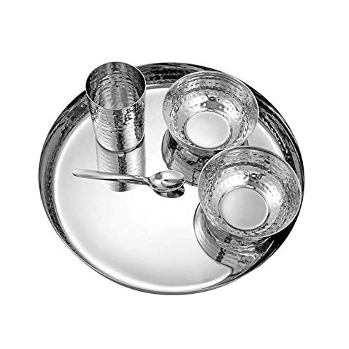 High Grade Stainless Steel Komcha Hammered Thali Set Of 5, Silver - Mirror Finish | 1 Hammered Thali+ 2 Bowls+ 1 Glass+ 1 Dessert Spoon