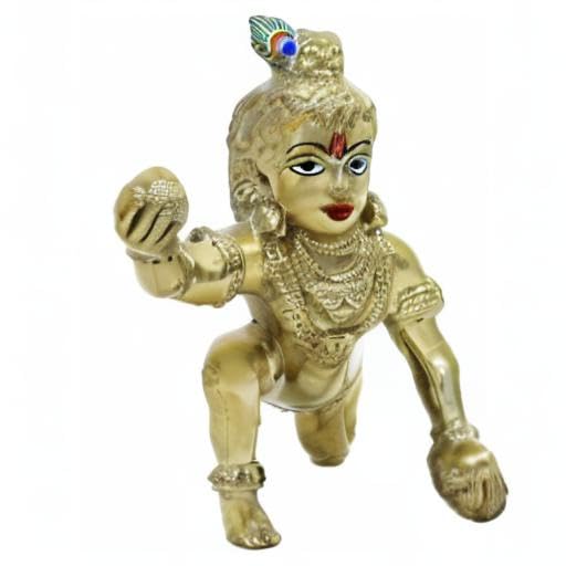 Laddu Gopal Kanha Ji, Bal Krishna Murti, Gold, Brass, Idol - 3.10 Inches, Handmade, Ideal For Pooja, Home Décor, Worship & Gifting Purposes, Use Soft Dry Cloth To Clean, Idol