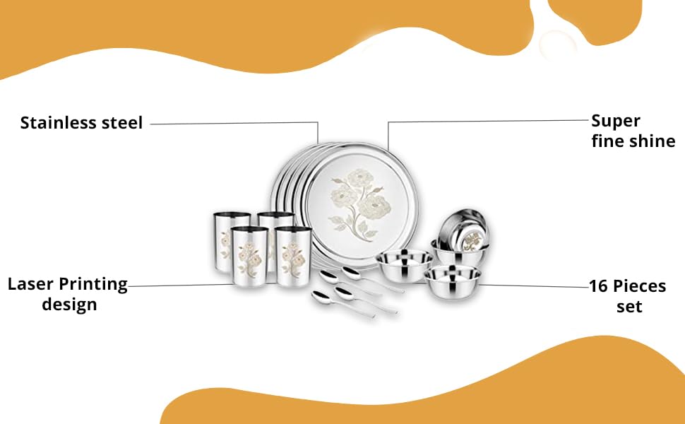 Silver Stainless Steel Floral Heavy Gauge Laser Design Dinner Set, 16 Pieces | 4 Pcs Full Plate+ 4 Pcs Curry Bowls Large+ 4 Pcs Glass+ 4 Pcs Desert Spoon