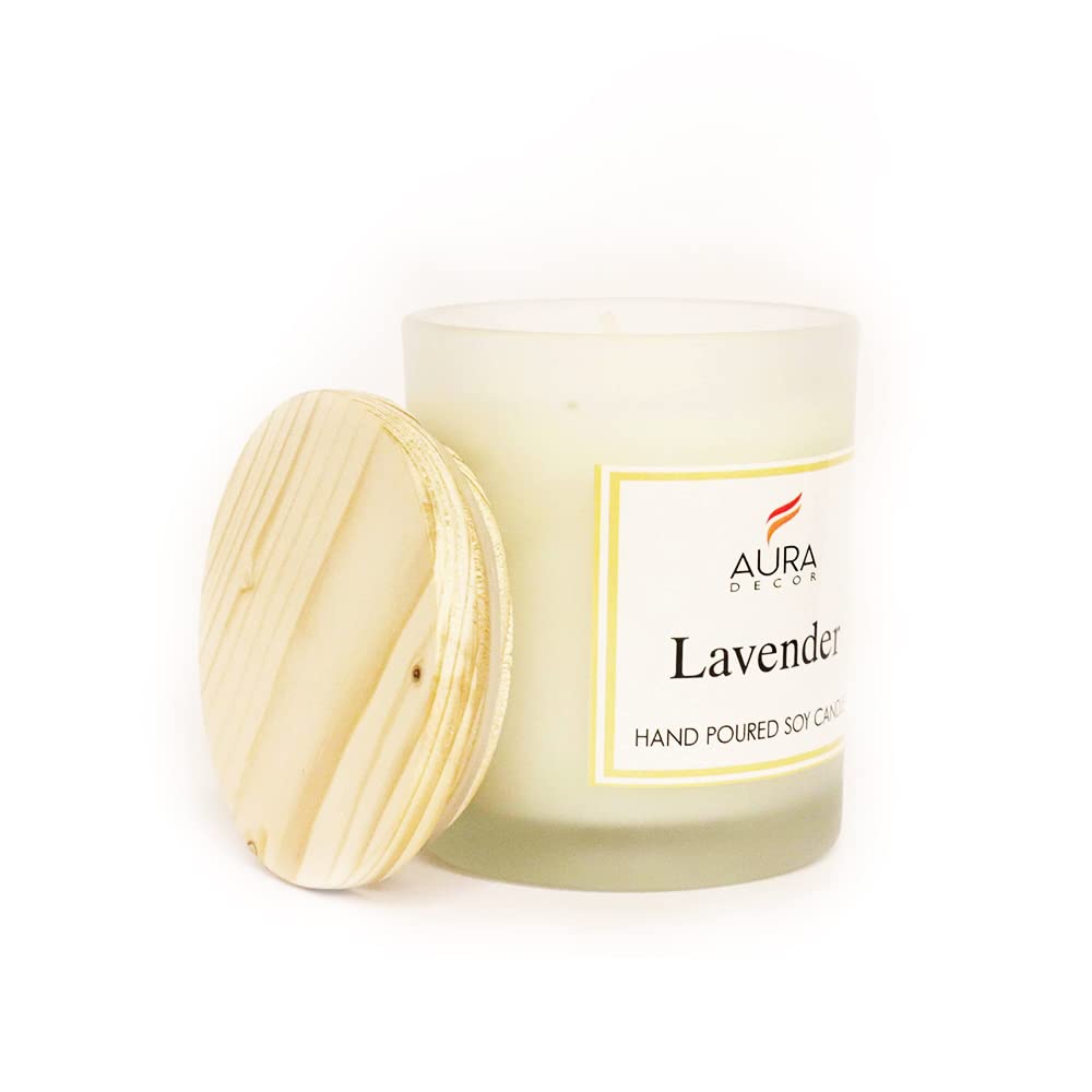 FROSTED LAVENDER FRAGRANCE SOY WAX GLASS CANDLE WITH WOODEN LID & COMES GIFT BOX