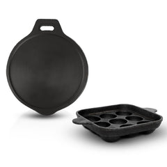 Pre-Seasoned Black Cast Iron Cookware Set - Paniyaram Pan 24 Cm + Tawa 28cm | Kitchen Cooking Combo Pots & Pans Set Of 2 Pcs - Naturally Nonstick