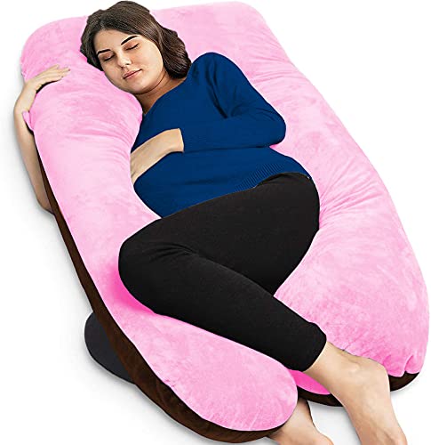 U Shaped Pillow, Pregnancy Pillow For Maternity & Baby Nursing - Pink & Brown | Pregnant Women Stomach, Spine, Neck Support, Velvet Outer Cover With Zip, Full Body Pillow, Adjustable Pillow