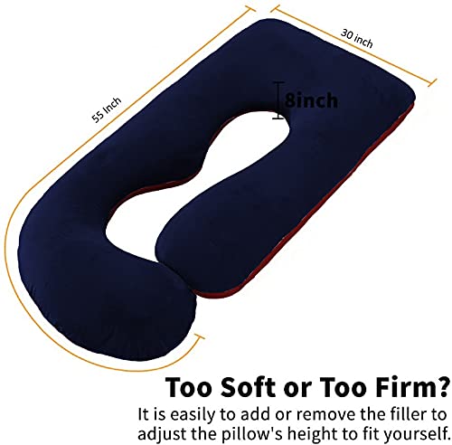 J Shaped Pillow, Pregnancy Pillow For Maternity & Baby Nursing - Dark Blue & Maroon | Pregnant Women Stomach, Spine, Neck Support, Velvet Outer Cover With Zip, Foldable, Multipurpose Use
