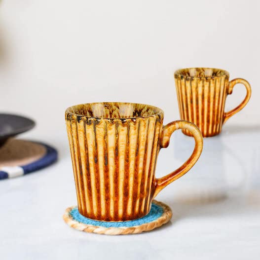 Ceramic Ribbed Coffee Mugs Set Of 2 - 300ml Each, Brown | Milk Mugs - Chai Cups - Tea Cups & Mugs