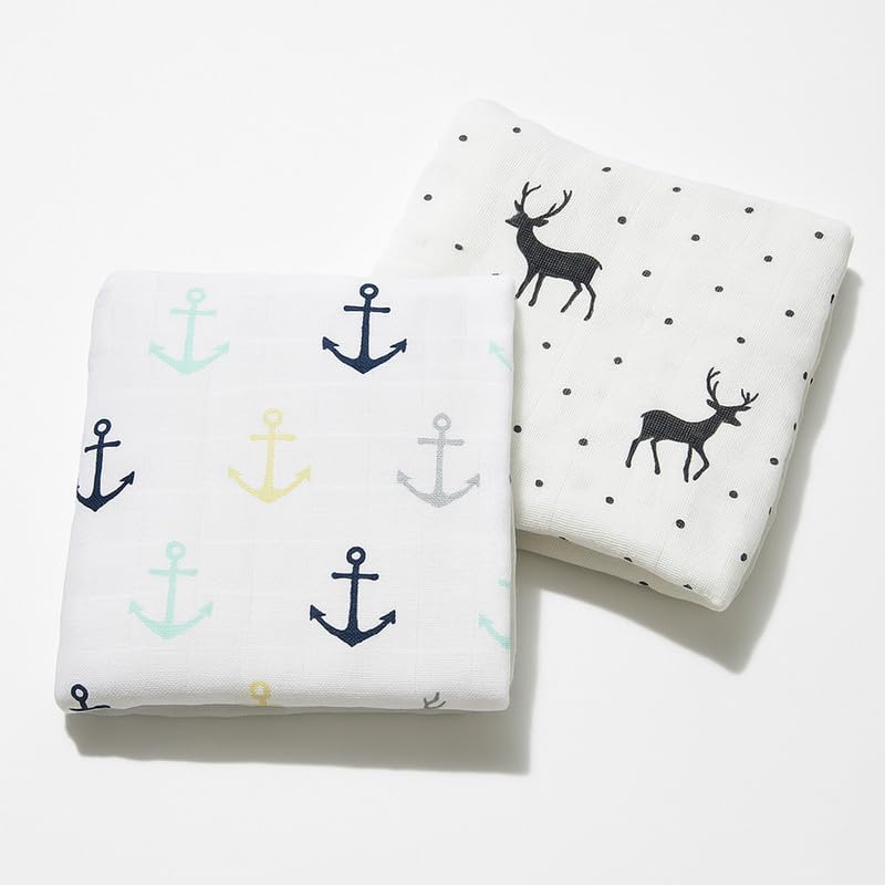 Organic Cotton Muslin Baby Bath Towel 200 Gsm | Cotton Cloth Premium Baby Washable Reusable, Absorbent, Extra Soft (Anchor & Deer)- Pack Of 2