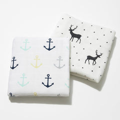 Organic Cotton Muslin Baby Bath Towel 200 Gsm | Cotton Cloth Premium Baby Washable Reusable, Absorbent, Extra Soft (Anchor & Deer)- Pack Of 2