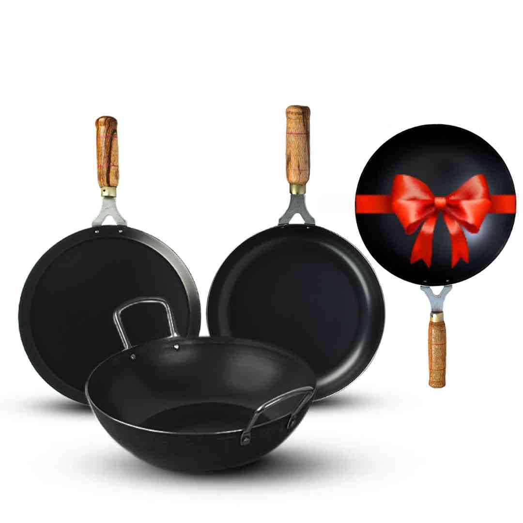 Pre-Seasoned Iron Cookware Set + Free Wok 25 Cm, 2.2 Liters | Kadai 24 Cm, 2 Liters + Fry Pan 24 Cm, 1.5 Liters + Tawa 26 Cm | Kitchen Cooking Combo Pots & Pans Set Of 4 Pcs - Naturally Nonstick