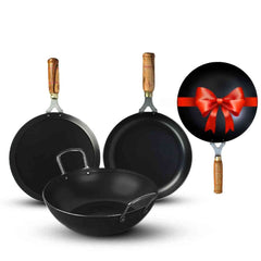 Pre-Seasoned Iron Cookware Set + Free Wok 25 Cm, 2.2 Liters | Kadai 24 Cm, 2 Liters + Fry Pan 24 Cm, 1.5 Liters + Tawa 26 Cm | Kitchen Cooking Combo Pots & Pans Set Of 4 Pcs - Naturally Nonstick