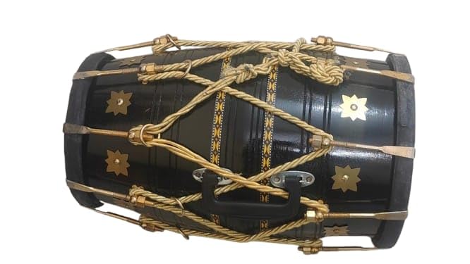 Professional Stylish Look Black Dholak With Golden Bolts & Beautiful Printed Rope - Black & Gold | Perfectly Symmetric Round Dholak, Dholak For Festival, Wedding, Satsang