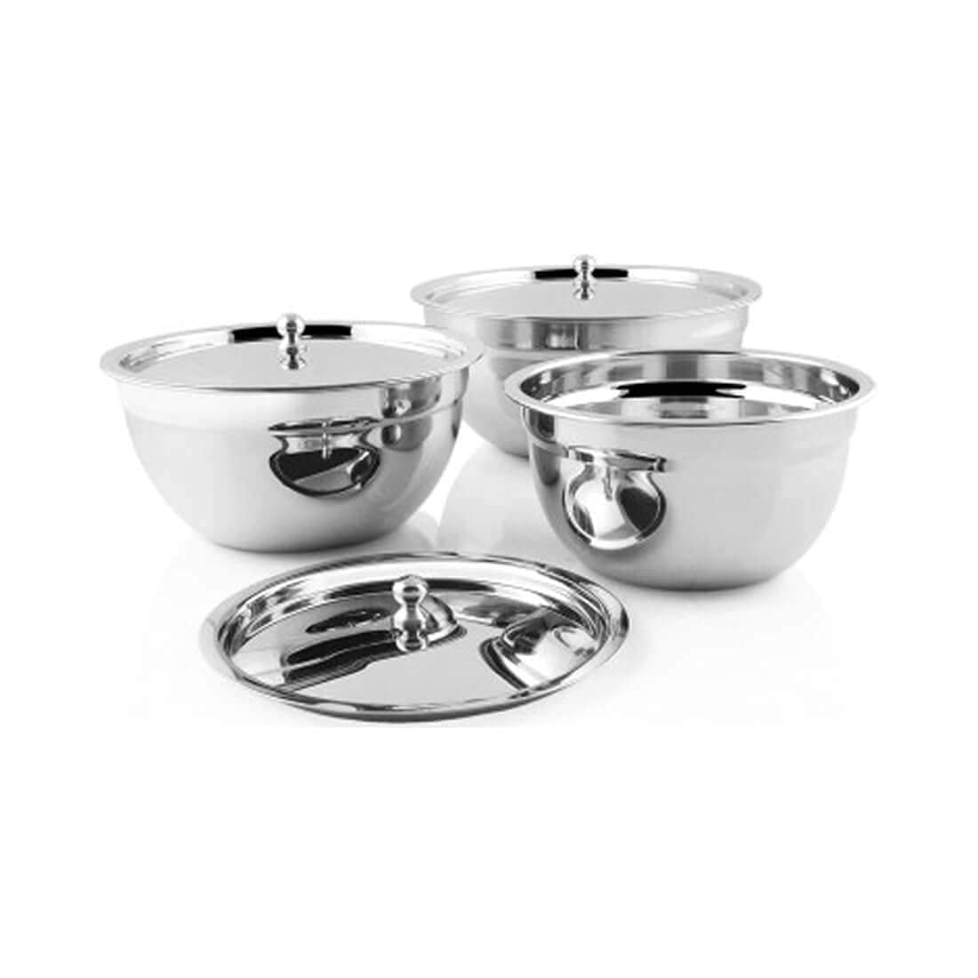 Stainless Steel Serving Tezon Bowl With Stainless Steel Lid Set Of 3 Pieces, Silver | 700ml+ 950ml+ 1500ml, Dishwasher Safe