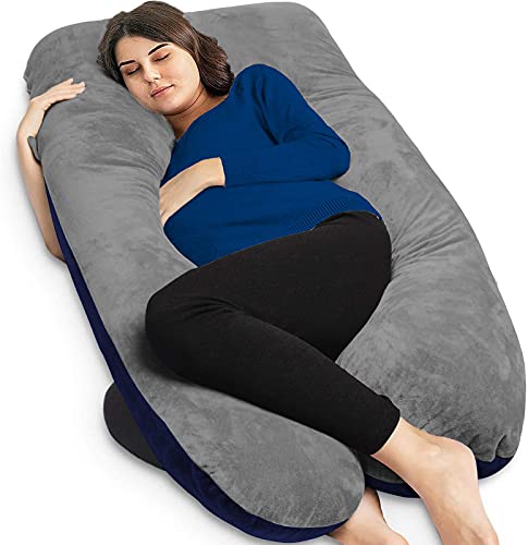 U Shaped Pillow, Pregnancy Pillow For Maternity & Baby Nursing - Grey, Dark Blue | Pregnant Women Stomach, Spine, Neck Support, Velvet Outer Cover With Zip, Full Body Pillow, Adjustable