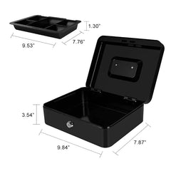 Cash Box With Money Tray & Key Lock Large Security Box Metal Safe Box For Money 9.84 X 7.87 X 3.54 Inches, Colour - Black
