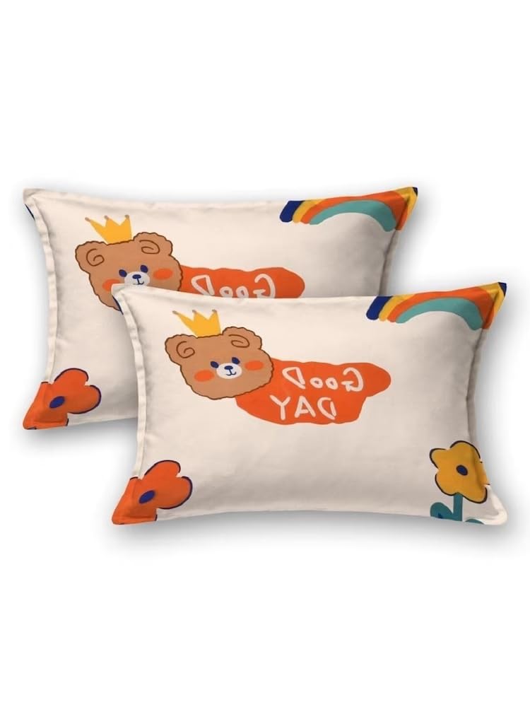 Wrinkle Free Soft Kids Double Bedsheets For King Size With 2 Pillow Cover | 90 X 95 Inches, Cream | Cartoon Printed Design | Child Bedroom Decor