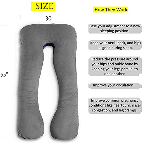 U Shaped Pillow, Pregnancy Pillow For Maternity & Baby Nursing - Grey, Dark Blue | Pregnant Women Stomach, Spine, Neck Support, Velvet Outer Cover With Zip, Full Body Pillow, Adjustable