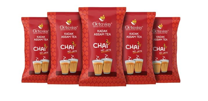 Octavius Kadak Assam Tea - Pack Of 5 X 1 Kg, 35.2 Ounce Each | Garden Fresh Extra Strong Assam Tea - Kadak Chai Patti | Medium Caffeine Strong Chai Patti