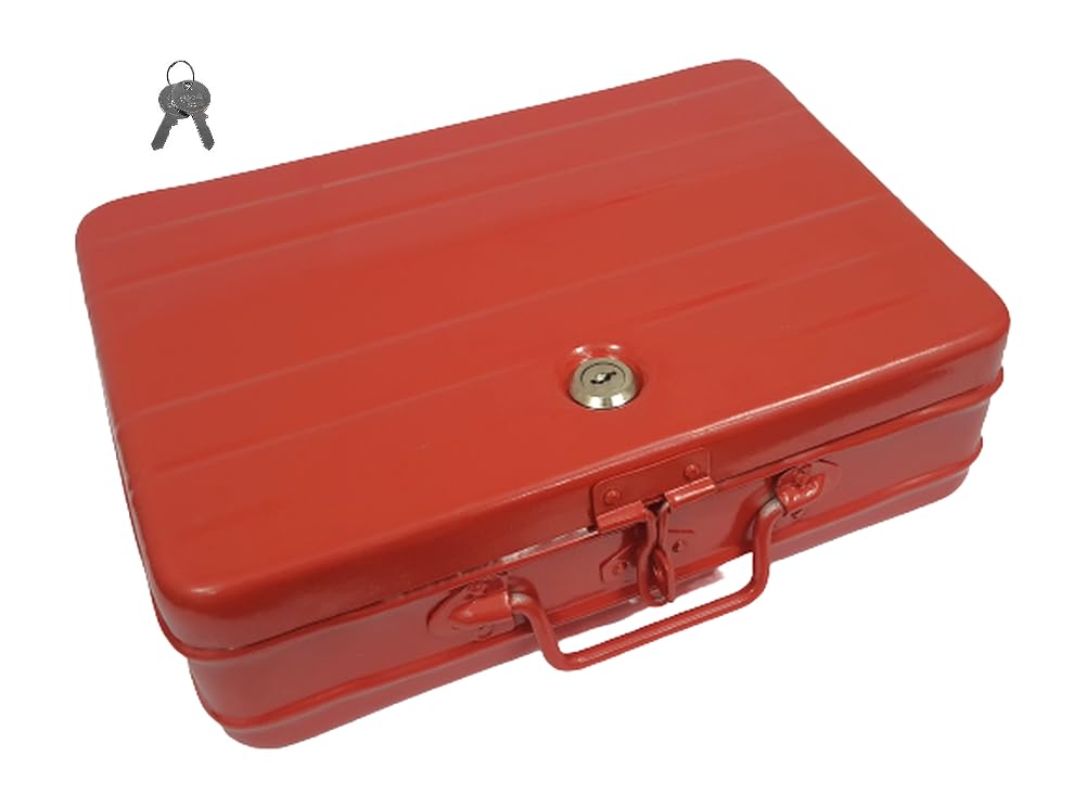 Aluminium Cash Box With Lock For Jewellery Storage And Organizing Ideal For Wardrobe, Desktop - Locker Safe Peti Metal Container 12" (12" L X 8.5" W X 4" H), Colour - Red