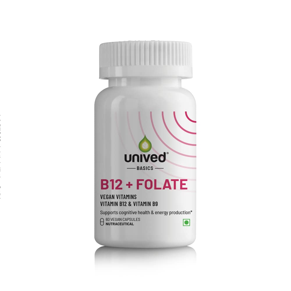 Unived Basics B12+ Folate , Vitamin B12 , Essential For Vegan & Vegetarians | 60 Vegan Capsules , 100gm 0.2lbs