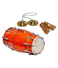 Sheesham Wooden Nut Bolt Dholak With Mazira & Khartal - Orange Color | Adjustable Bolts For Setting The Pitch & The Tone