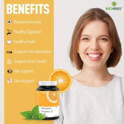 Richerbs Natural Vitamin C Double Strength Formula | Natural Sourced Vitamin C With Zinc | Immunity, Antioxidant & Skincare For Men And Women | 60 Tablets , 100gm 0.2lbs