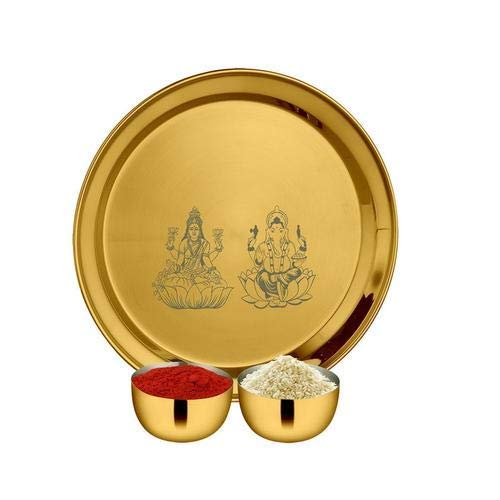 High Grade Stainless Steel Lakshmi & Ganesh Pooja Thali Set With Gold PVD Coating, 3 Pieces | 1 Pooja Thali+ 2 Bowls