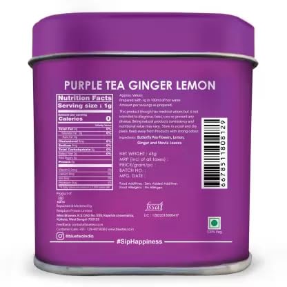 Blue Tea Caffeine Free Purple Tea With Ginger & Lemon - 50gm Tin, 1.7 Ounce, 50 Cups | Flower Based Gifting Delight Tea - Gluten Free, Non-Bitter | No Added Colors, No Preservatives
