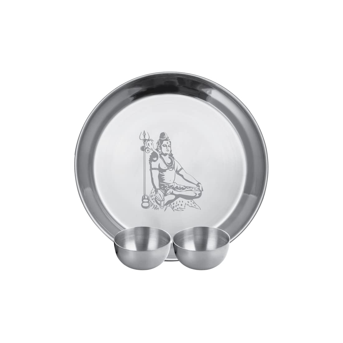 Stainless Steel Shiv Ji Pooja Thali Set Of 3, Silver | 1 Pooja Thali+ 2 Katoris - Easy To Clean & Dishwasher Safe